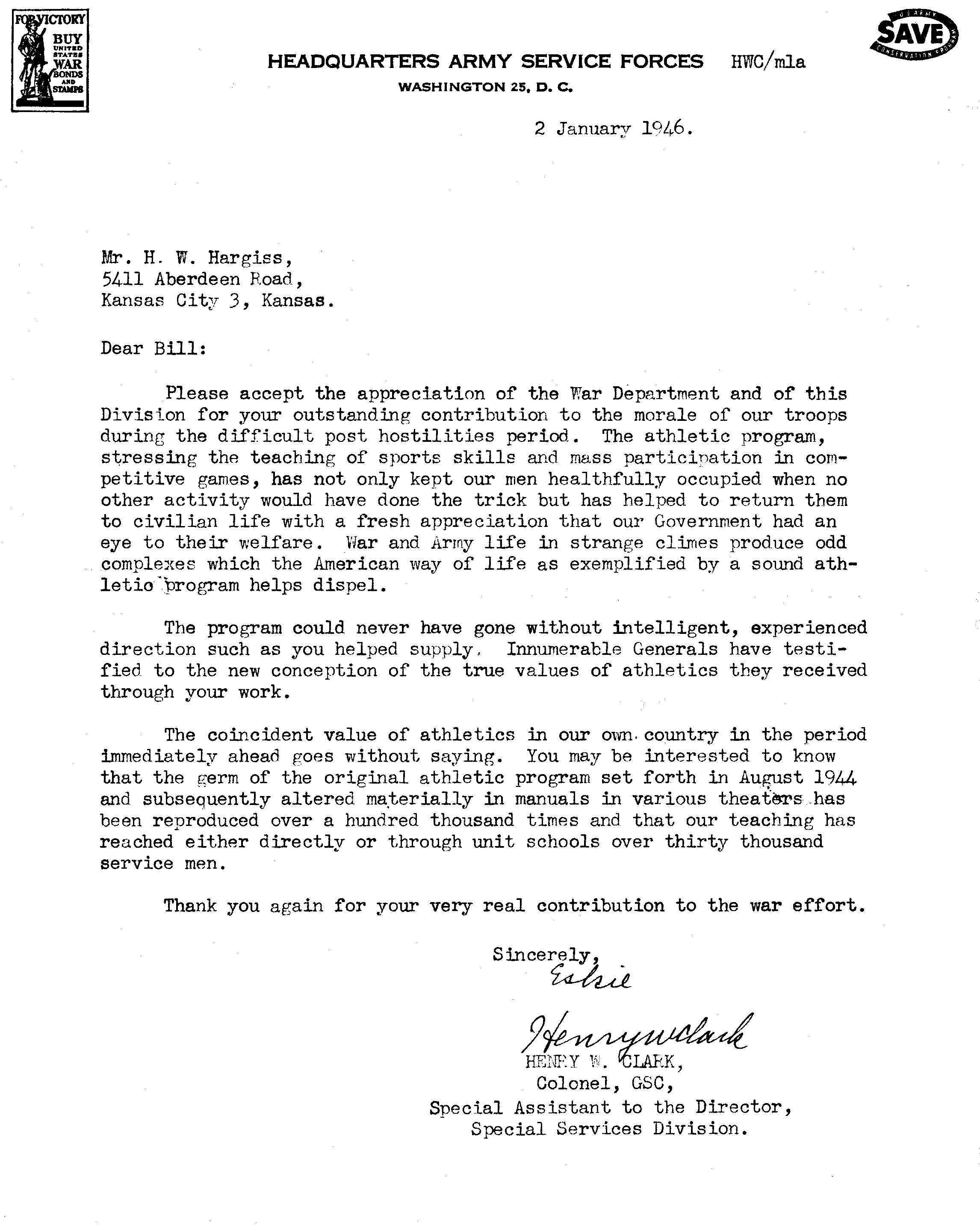 Us army letter of appreciation to bill hargiss 1945